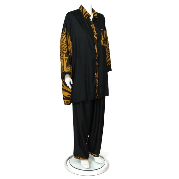 Vintage 80s Leopard Multi-print Oversize Blouse Pants White Lotus Ok Mike OS 206 - Picture 5 of 10